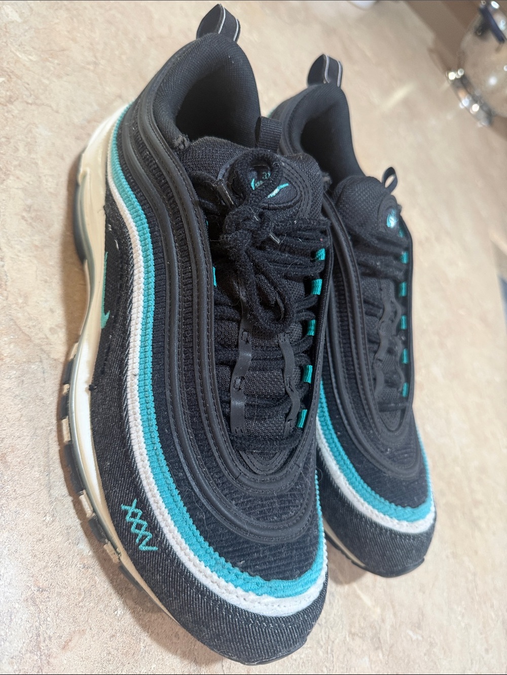 Nike Airmax 97 Black Sneakers with Teal & White Stripe Accent